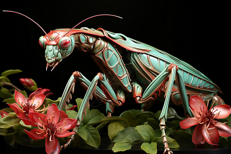 小百合螳螂与红花设计图片