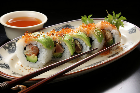 盘子里的美味寿司背景图片
