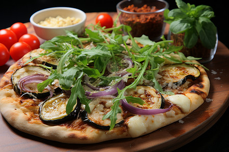 木板上的蔬菜披萨高清图片