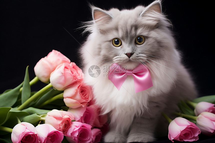 小猫和鲜花图片