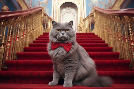 坐在红色楼梯上的猫背景图片