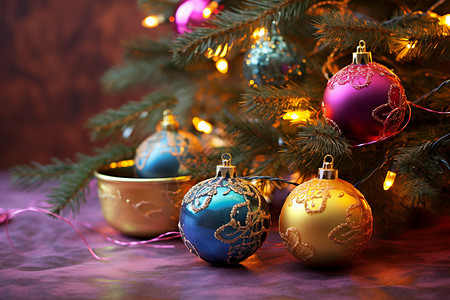 圣诞树上装饰着彩灯和装饰品图片