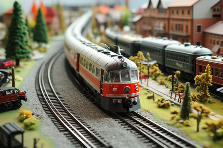缩小迷你火车和小城镇玩具背景
