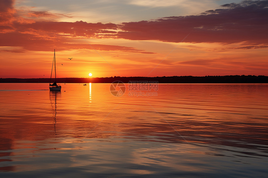 日出时候一艘小船在水面上漂浮图片