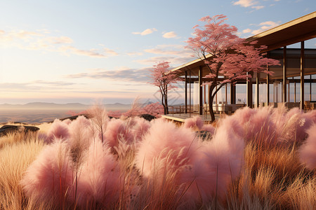 阳光下生姜一片粉色的花丛背景