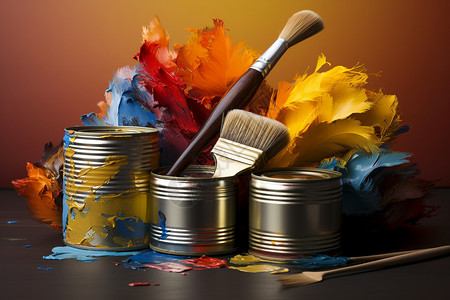 油漆颜料污渍刷子和颜料罐背景