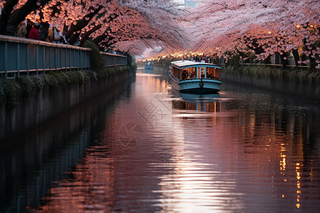 樱花河上的船影高清图片