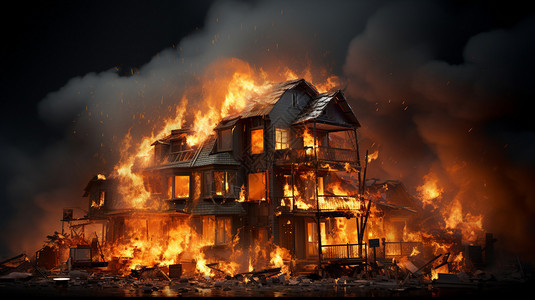 房子着火被火焚烧的建筑插画