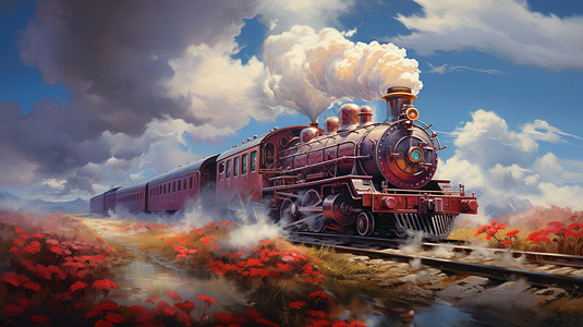 铁路上的蒸汽机插画