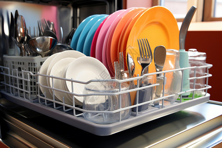 厨房洗碗机内的餐具图片