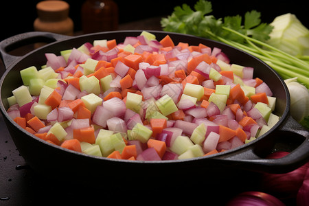 放入红洋葱切块平底锅里的蔬菜背景