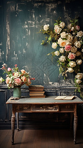 书桌上的花朵和书籍背景图片
