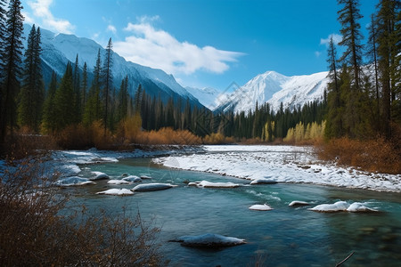 森林湖泊和雪山图片