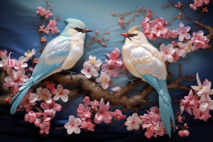 传统魅力双鸟绣花图片