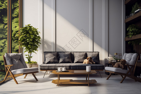沙发和狗阳光照射进客厅设计图片