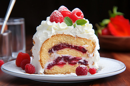 甜蜜的蛋糕草莓瑞士卷高清图片