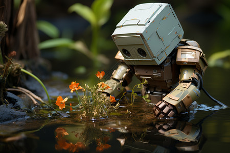 机器人与小溪中的鲜花图片