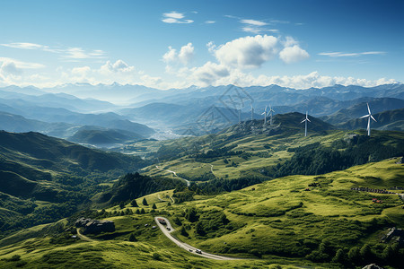 风力发电的山脉景色图片