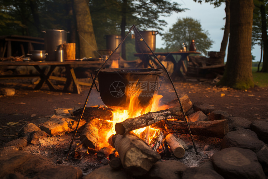 森林露营夜晚的篝火与锅图片