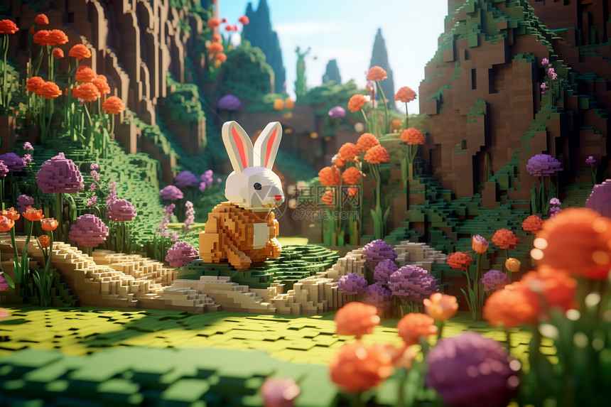 玩具兔子坐在花草丛中图片