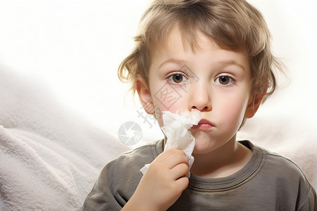 感冒擤鼻涕的外国小男孩图片