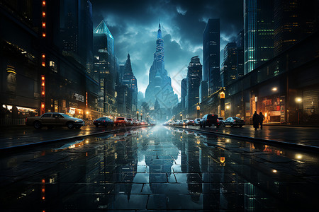 夜幕下雨后城市的摩天大楼图片