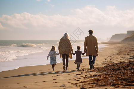 海边散步的温馨一家人背景图片