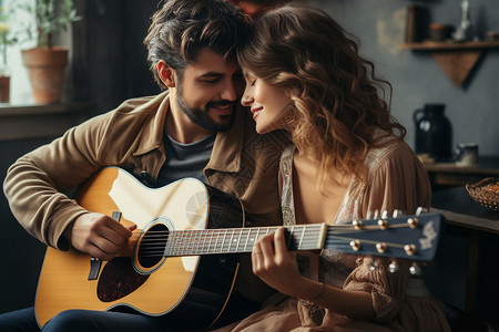 一起弹吉他的相爱情侣高清图片
