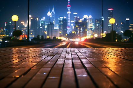 现代城市夜晚中的木质地板图片