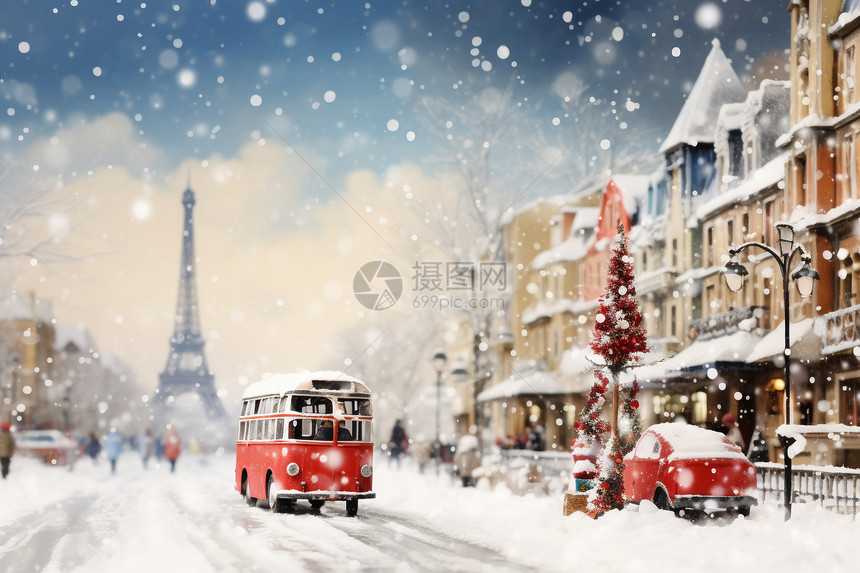 雪中的欧洲城市街道模型图片