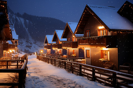 雪夜山村中的木屋图片