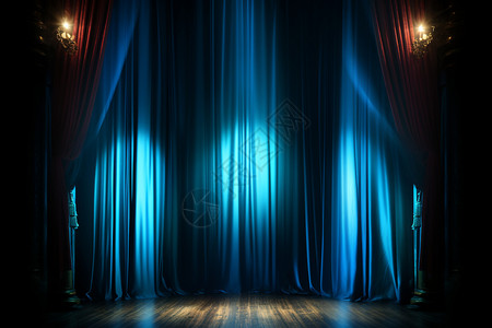 剧场表演剧场灯光下的蓝色幕布设计图片