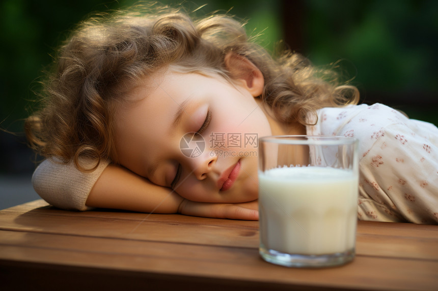 牛奶旁熟睡的女孩图片