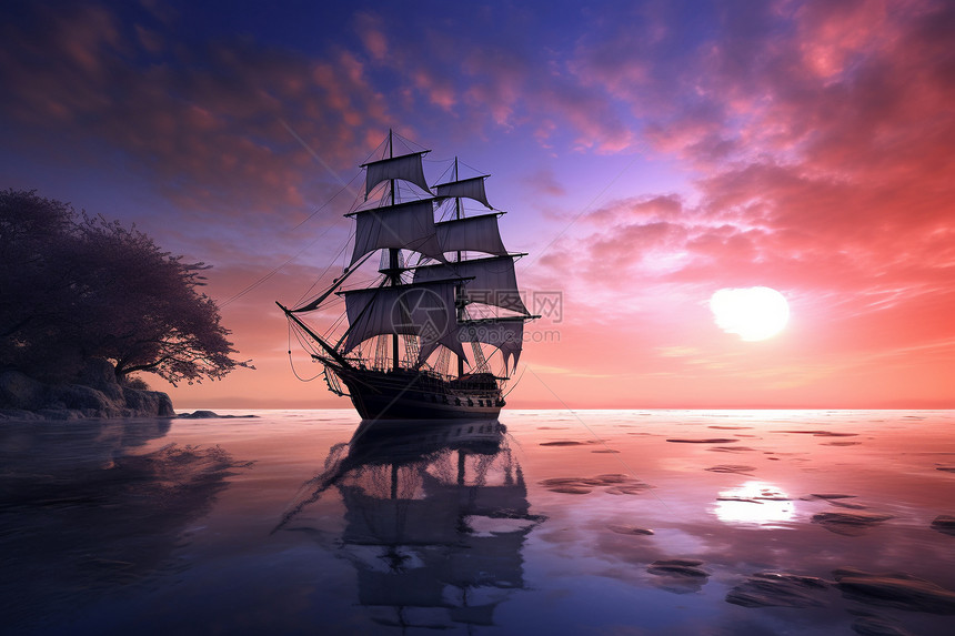 日落时航行的帆船图片