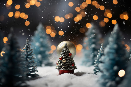 雪中塔楼雪中的圣诞树摆件设计图片