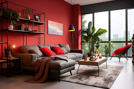 红色系美甲色彩艳丽的客厅装潢设计图片