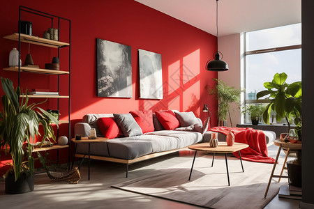红色系美甲时尚的现代公寓客厅装潢设计图片