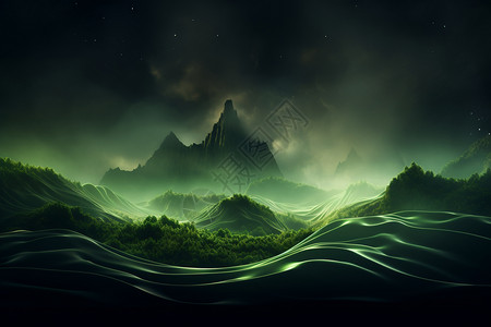 山脉间的绿色波浪图片