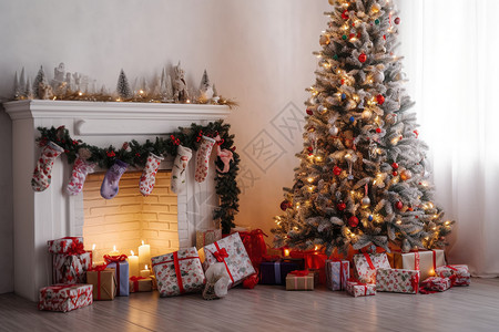 壁炉旁的圣诞树图片