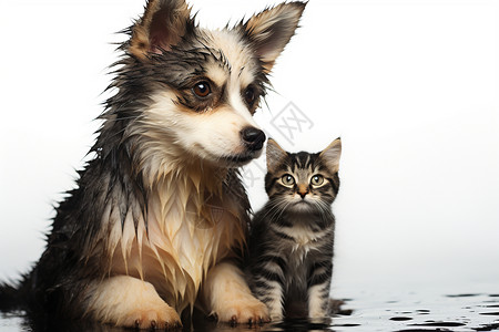 小猫和小狗在水中坐着图片