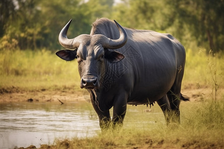水牛在河边的田地旁边站着背景图片