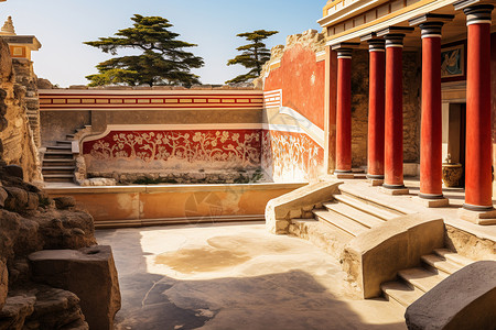 古希腊废墟红色壁画楼梯高清图片