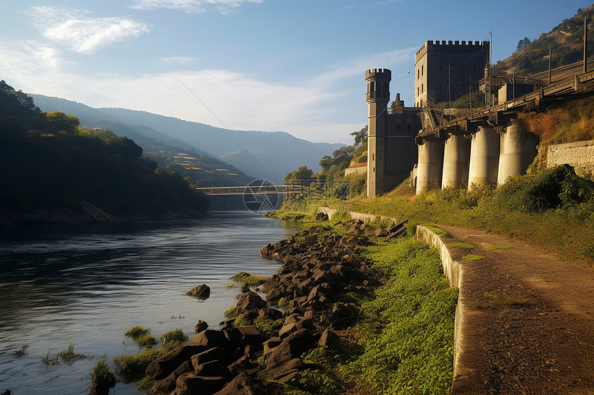 河流经过的中世纪建筑图片