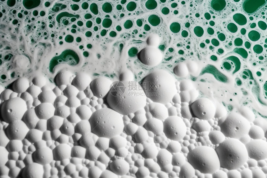 绿色液体中浓密的泡沫图片