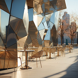几何玻璃建筑外墙的桌椅背景图片