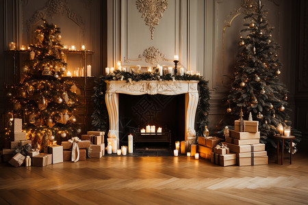 壁炉旁的圣诞节装饰背景图片