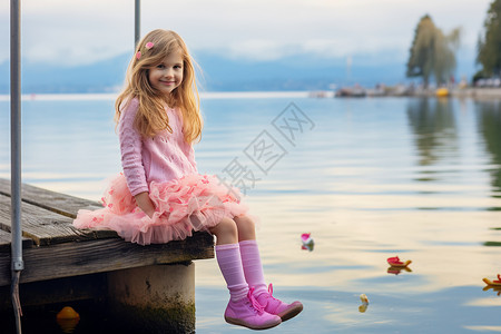 湖边木桥上的女孩图片