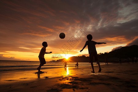 沙滩玩球的孩子海边沙滩上玩耍的孩子背景