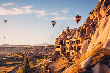 土耳其小镇升空的热气球背景图片