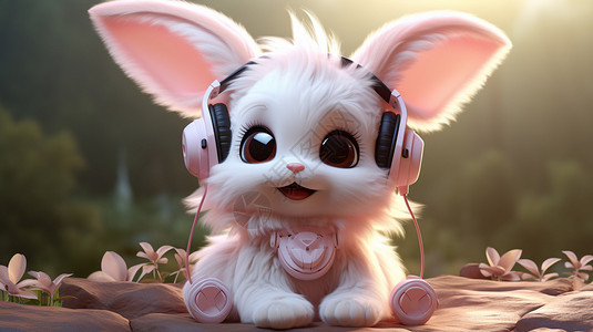 带着耳机的可爱兔子图片